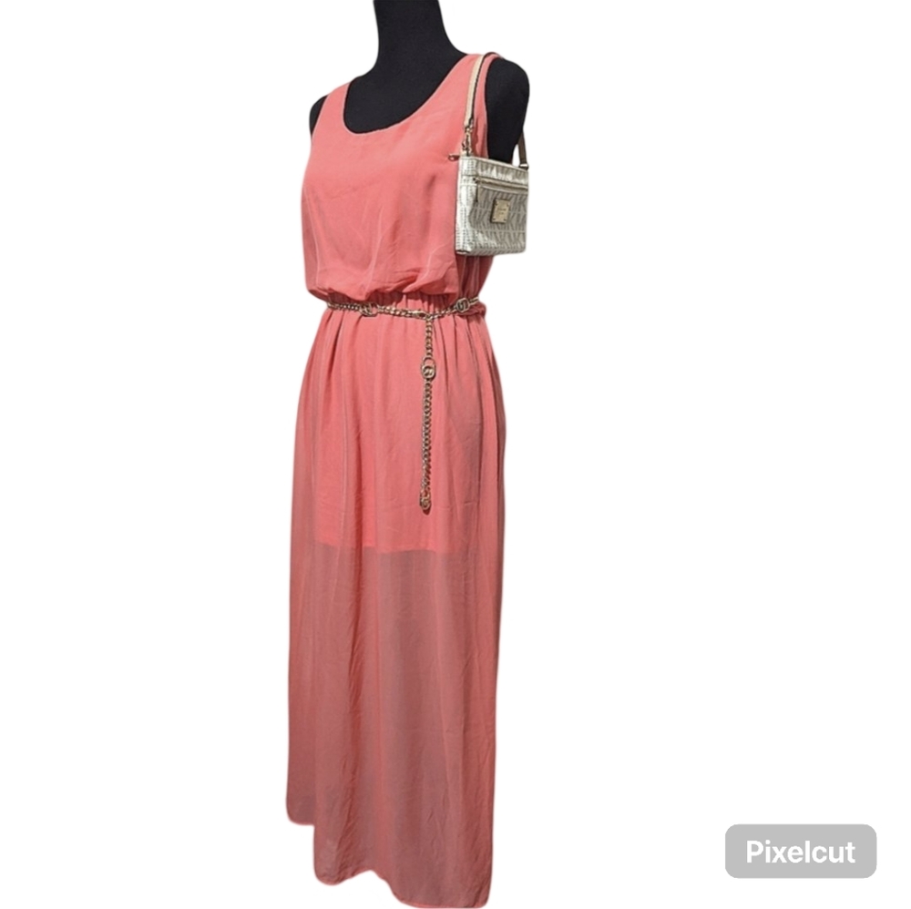Malloy Coral Pink Maxi Dress w/ Sheer Overlay. Size: Medium